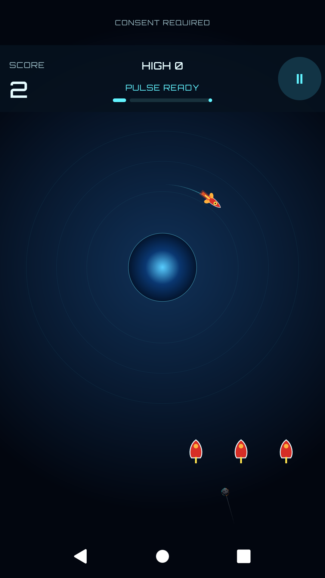Orbital Break gameplay showing a rocket navigating orbital hazards