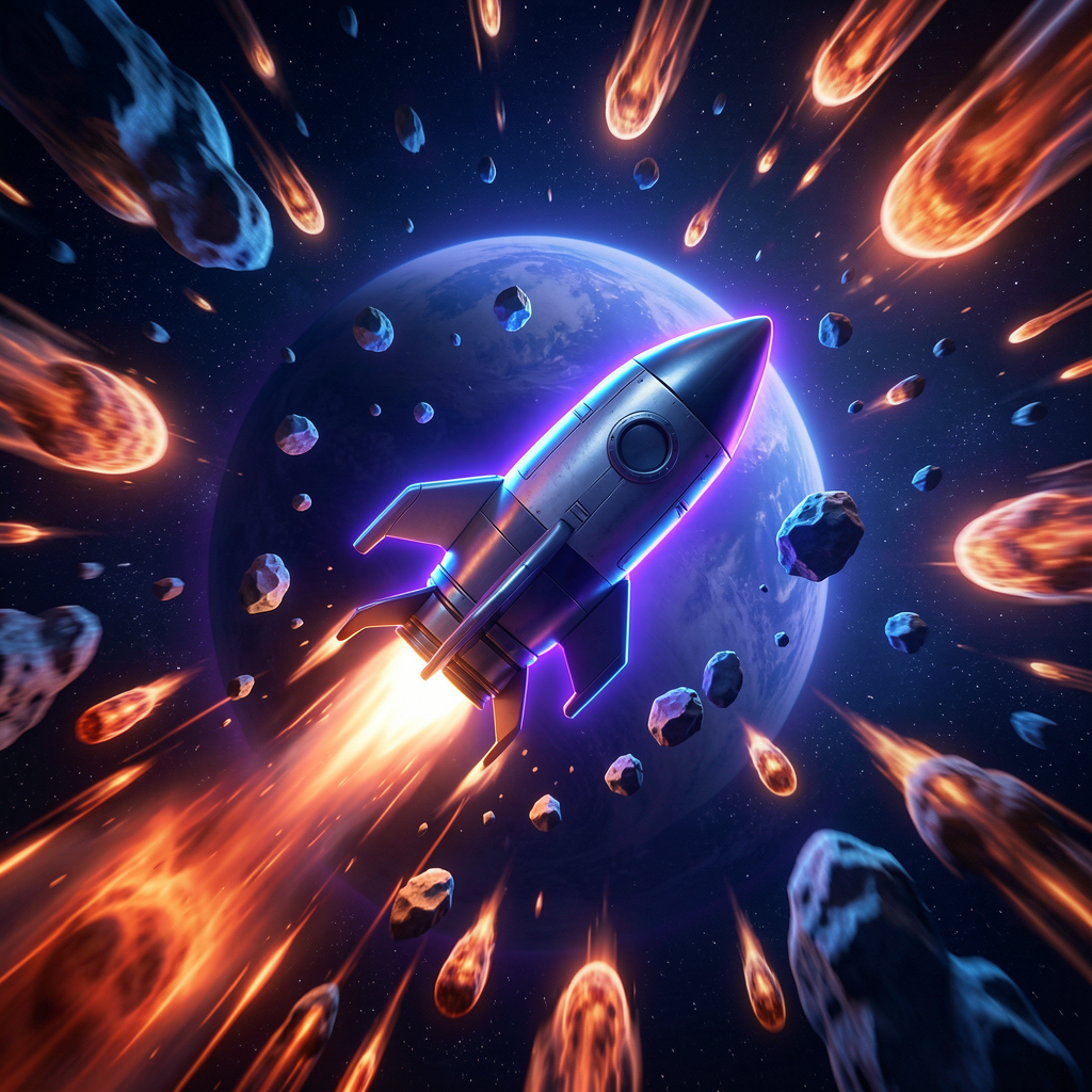 Orbital Break rocket flying through a meteor shower